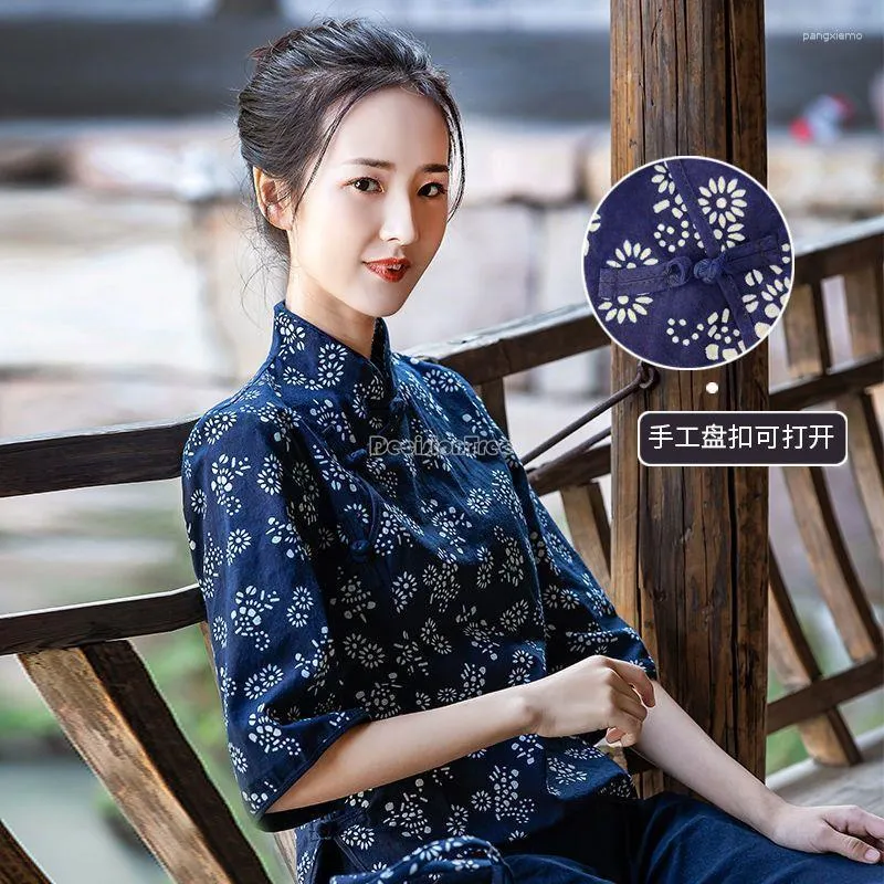 Ubranie etniczne 2023 Style chiński druk szeongsam bluzka wiosna jesień czysty bawełniany siedmiopunktowy rękaw Eleganckie kobiety qipao top s368
