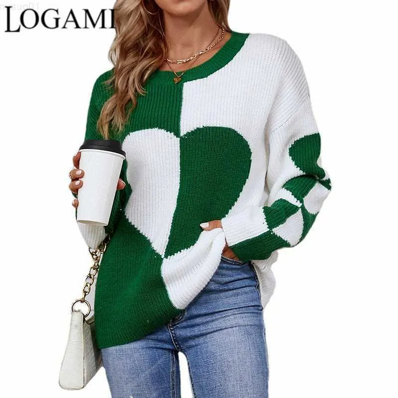 Kvinnors tröjor Logami rund hals färgblock hjärta stickad tröja 2022 Autumn Winter New Pullover tröja kvinnor full l230718