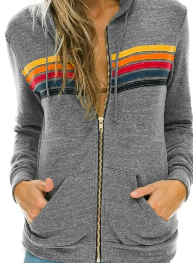 Femmes Hoodies Sweats Femmes Mode Sweat À Capuche Surdimensionné Rainbow Stripe À Manches Longues Sweat Poche À Fermeture Éclair Manteau Veste Printemps Casual V