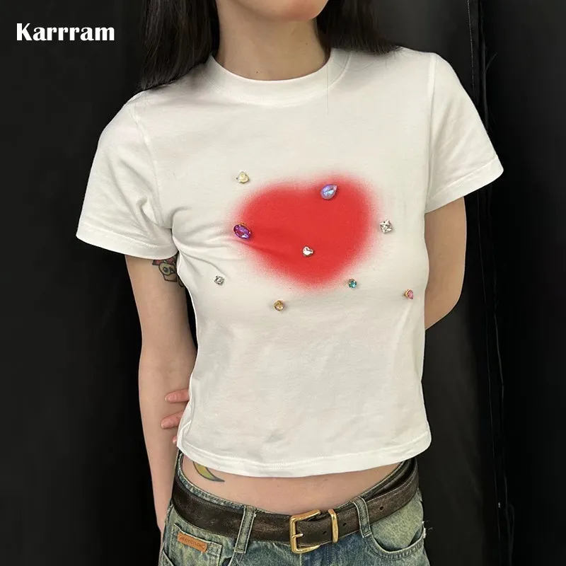 Women's T-Shirt Karrram Y2k Aesthetics Crop Top Grunge Diamond Short Sleeve T-shirt Slim E-girl 2000s Clothes Korean Fashion Streetwear Harajuku 230717