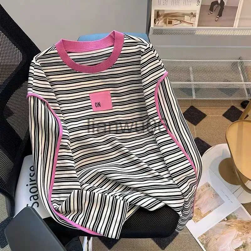 Kvinnor Hoodies Sweatshirts Striped Sweatshirt Women Korean Fashion Stitching Color Contrast Randig Pullover 2023 New Loose Trendy Round Neck Sweatsh J230718