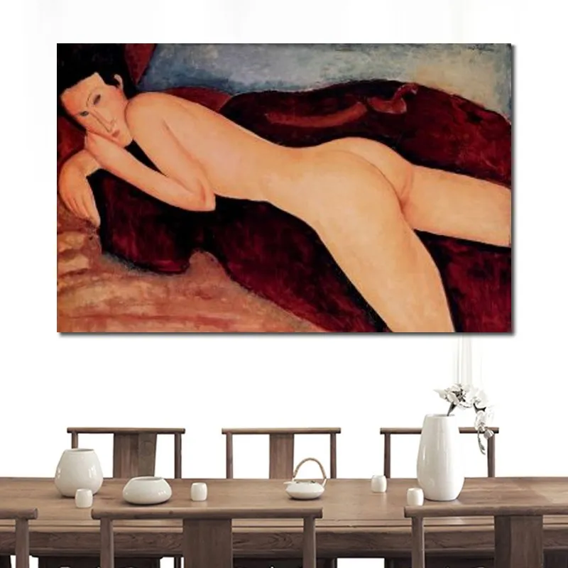 Female Figure Abstract Canvas Art Reclining Nude from the Back Amedeo Modigliani Painting Hand Painted Artwork Bedroom Decor