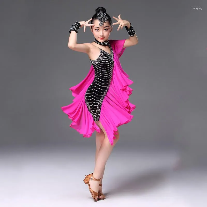 Stage Wear Pink Girl Professional Ballroom Latin Salsa Dance Dress Concorsi Costume Paillettes Abiti da ballo per bambini