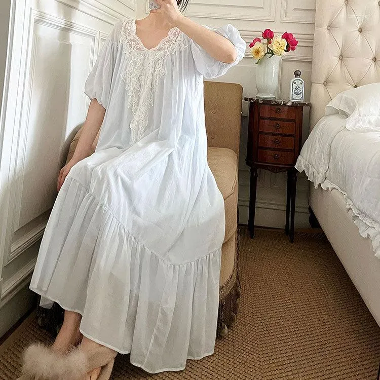 Women's Sleepwear Vintage Women French Style Lace Dress Ladies Short Sleeves V Neck Nightgowns Cotton Long Nightdress Nightie