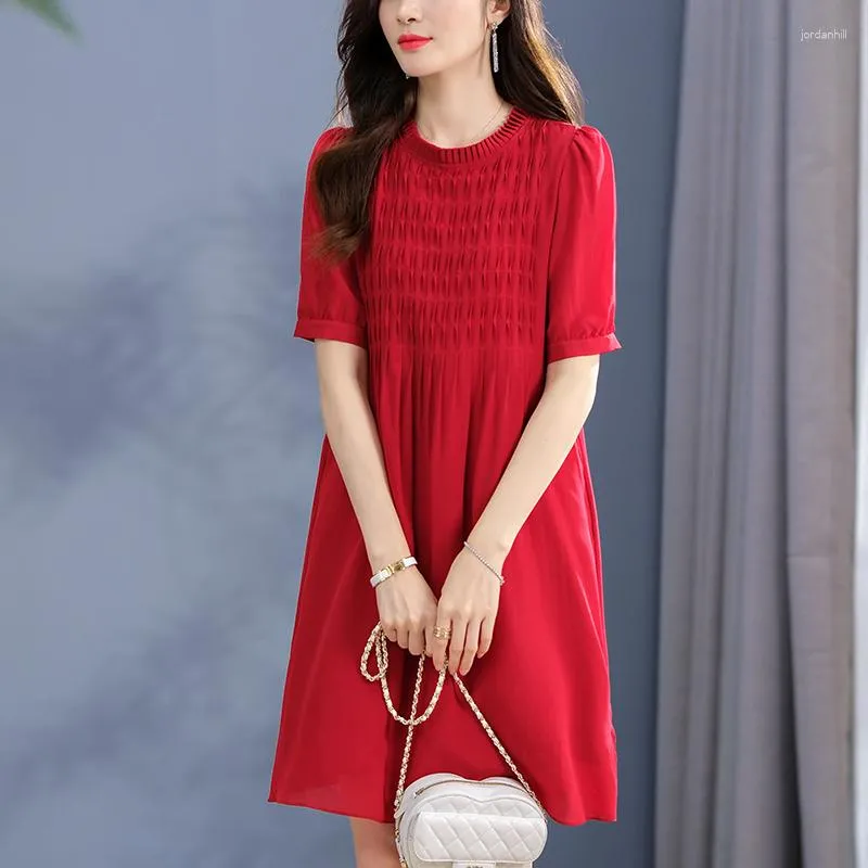 Robes de soirée vraie soie robe d'été 2023 femmes élégant rouge pour femmes vêtements à manches courtes taille haute femme décontracté