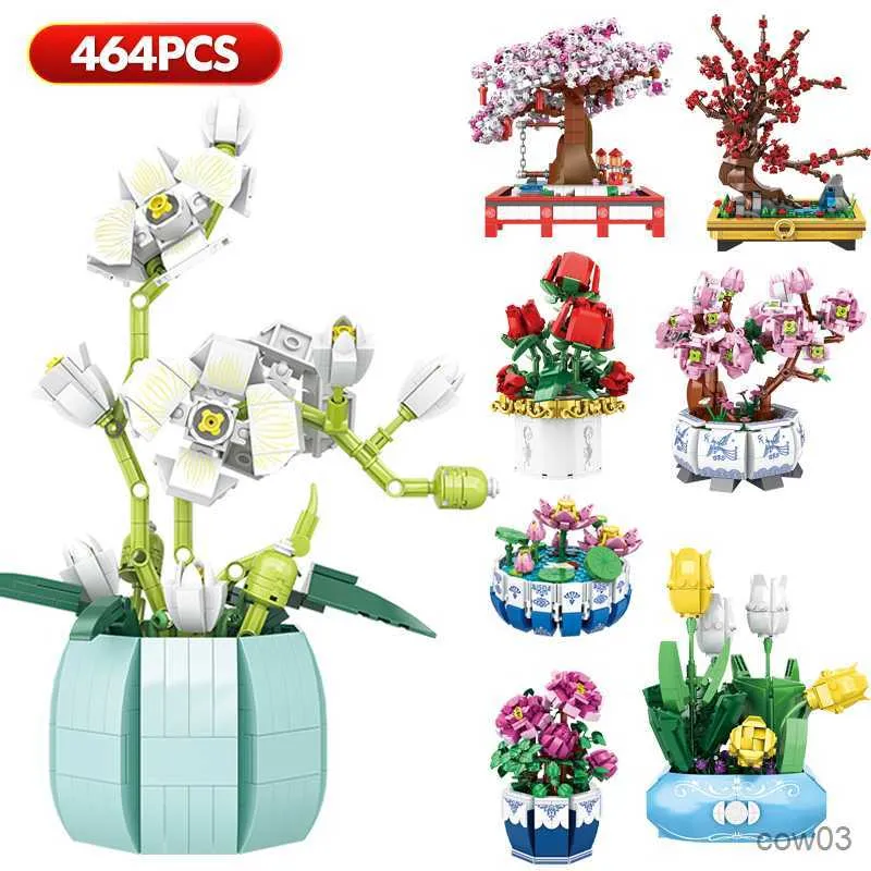 ブロック464pcsクリエイティブアイデアシティブーケの花の構築ブロック鉢植えの植物レンガの家の装飾子供向けのdiyおもちゃ