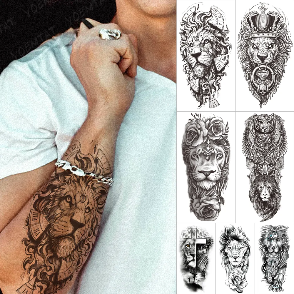 Waterproof Temporary Sleeve Arm tattoo Sticker Lion Clock Tiger Gear Skeleton Rose tattoos Body Art Fake tatoo Men Women Black