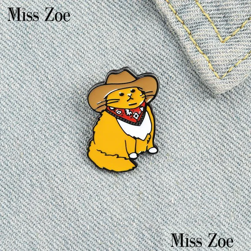 Alfileres Broches Gato divertido Esmalte Alfileres Vaquero Gordo Insignias Pin de solapa Bolsa de ropa Animal de dibujos animados Joyas Regalos para niños Amigos Drop Deliv Dhplq