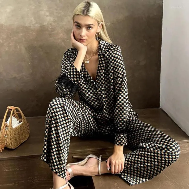 Women's Sleepwear Elegant Check Print Pajamas With Feather Trim Spring Summer Nightwear Home Wear Set For Lady