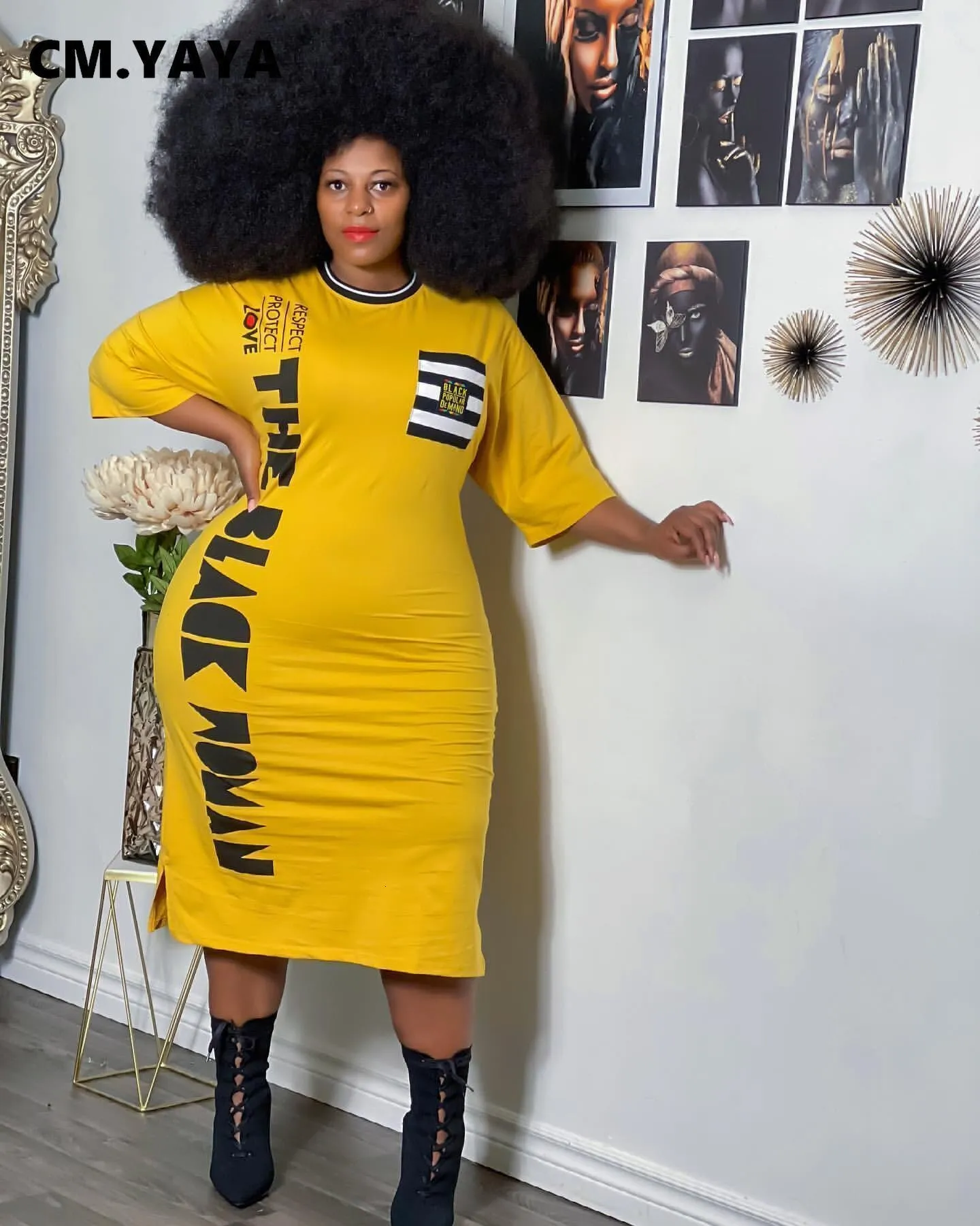 Koszulka damska plus rozmiar CM. Yaya plus size xl-5xl Kobiet Letter African Style Midi Dress Fashin Podstawowy podsKUCJ