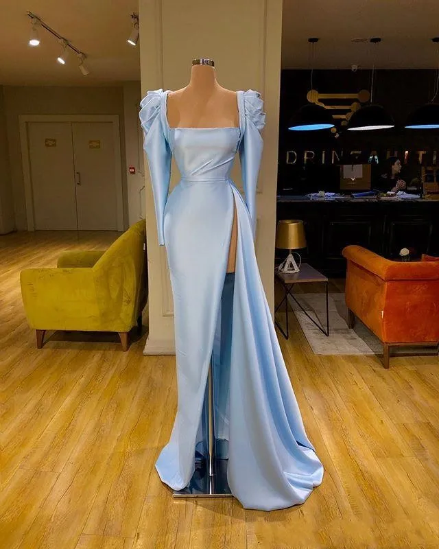 light blue long sleeve bridesmaid dress Light Blue Tulle and Lace Long Sleeve Wedding Maxi Dress 1125 – Boho Jeans main image 0