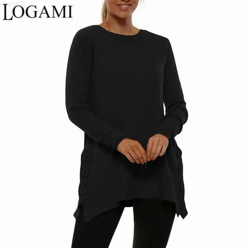 Kvinnors tröjor Logami Ny ankomsttröja Kvinnor Rund halsknapp Solid färg Split Knitting Tröja L230718