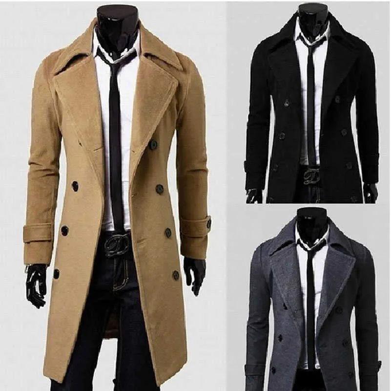 Men's Wool Blends Mens Overcoat Long Trench Coats Winter Pea Coats Double Breasted 10% Wool 90% Blends Coat Brand Clothing Y038 HKD230718