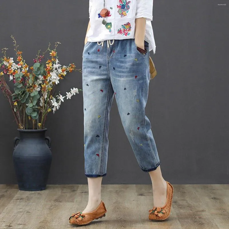 Jeans feminino feminino casual confortável bordado literário elástico cintura alta corte calças jeans