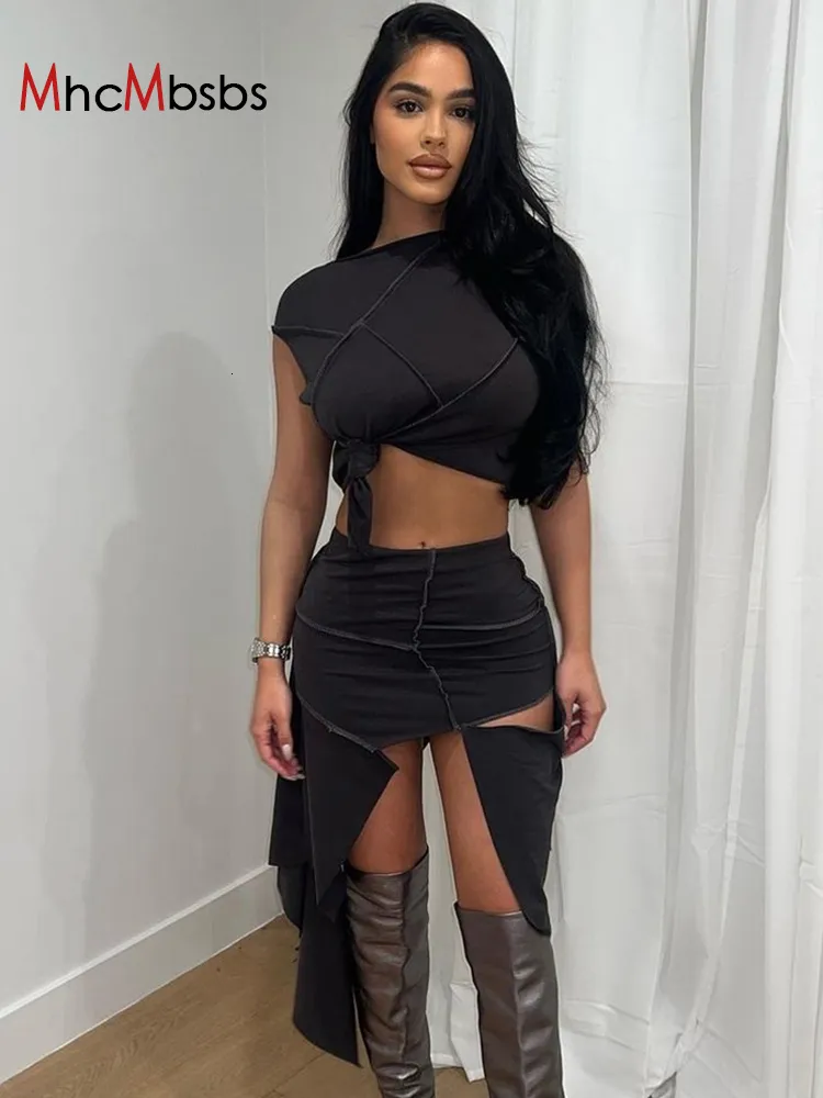 Plus size Dresses Two Piece Set Women Ripped Grunge Outfits Sexy Sleeveless Slim Crop Top High Waist Cut Out Midi Skirts 2023 Spring Fall Y2K Suit 230718