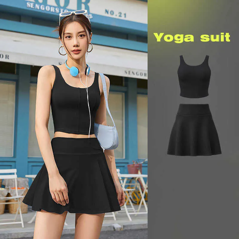 Lulu Set Summer Yoga Suit for Fitness Sports Set Woman Gym Tennis Workout Sportswear Lined Skirt Dance Clothes Outfit Woman Lady
