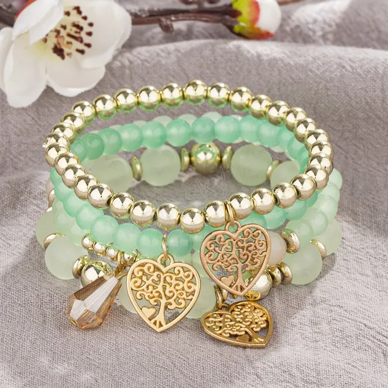Bohème Vert Perles Strand Bracelets pour Femmes Filles Ethnique Or Couleur Pêche Coeur Gland Charme Wrap Bracelet Pulseira Feminina