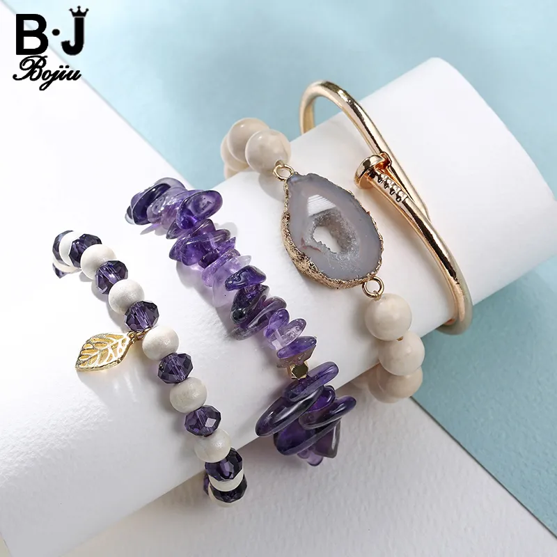 Bangle BOJIU 4-piece/set Women's Jewelry Bead Bracelet Natural Stone and Metal Bracelet Pendant Bracelet Set BCSET34 230718