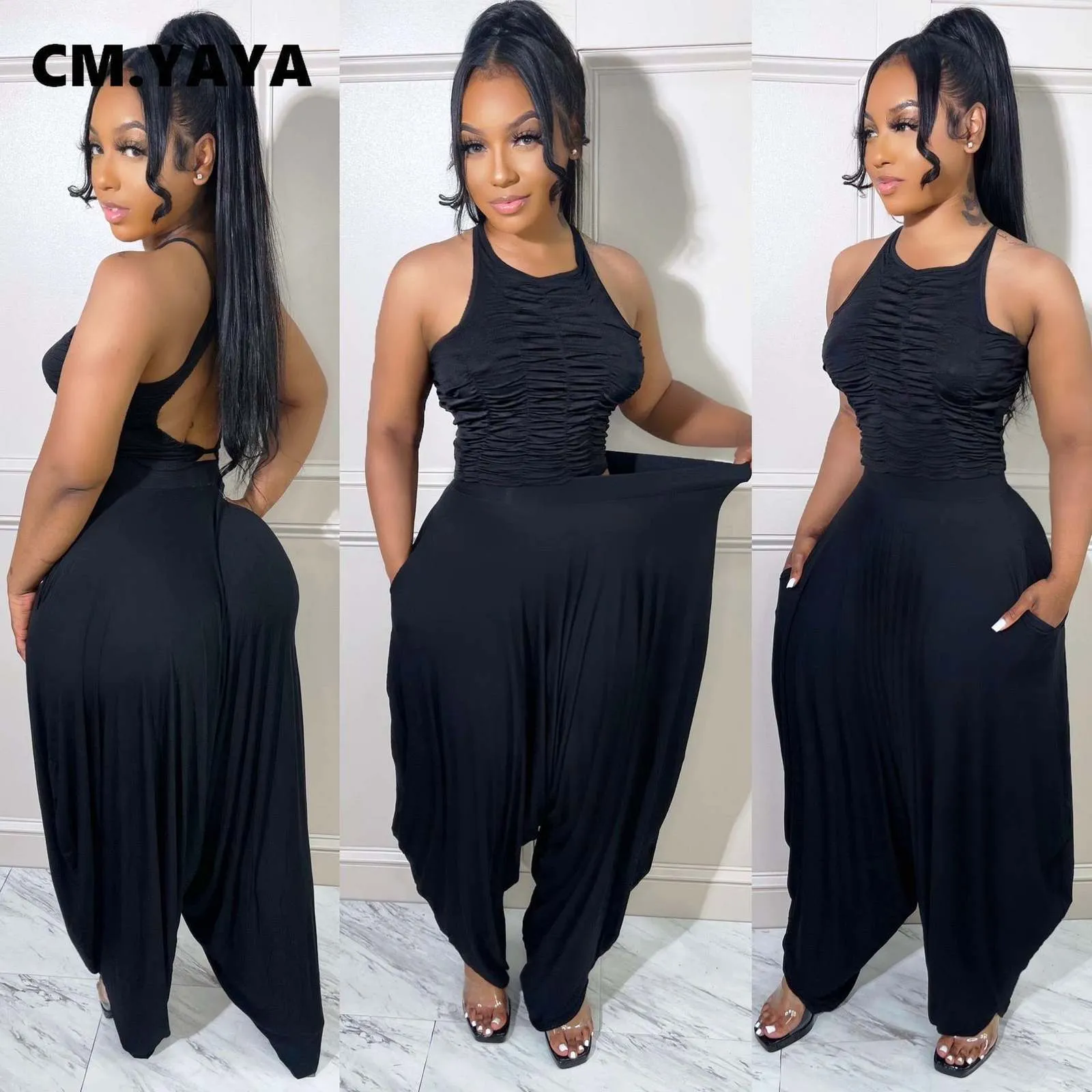 Kvinnors tvådelade byxor cmyaya eleganta kvinnor lös haren kostym och ruched open back tank top hip hop tracksuit 2 set Summer Outfits 230718