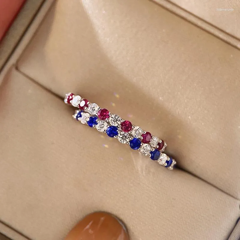 Bagues De Grappe À La Mode S925 Argent Plein Bleu Rouge 5A Zircon Cubique Bague D'éternité Pour Les Femmes Fine Or Blanc 14k Amour Fiançailles Doigt