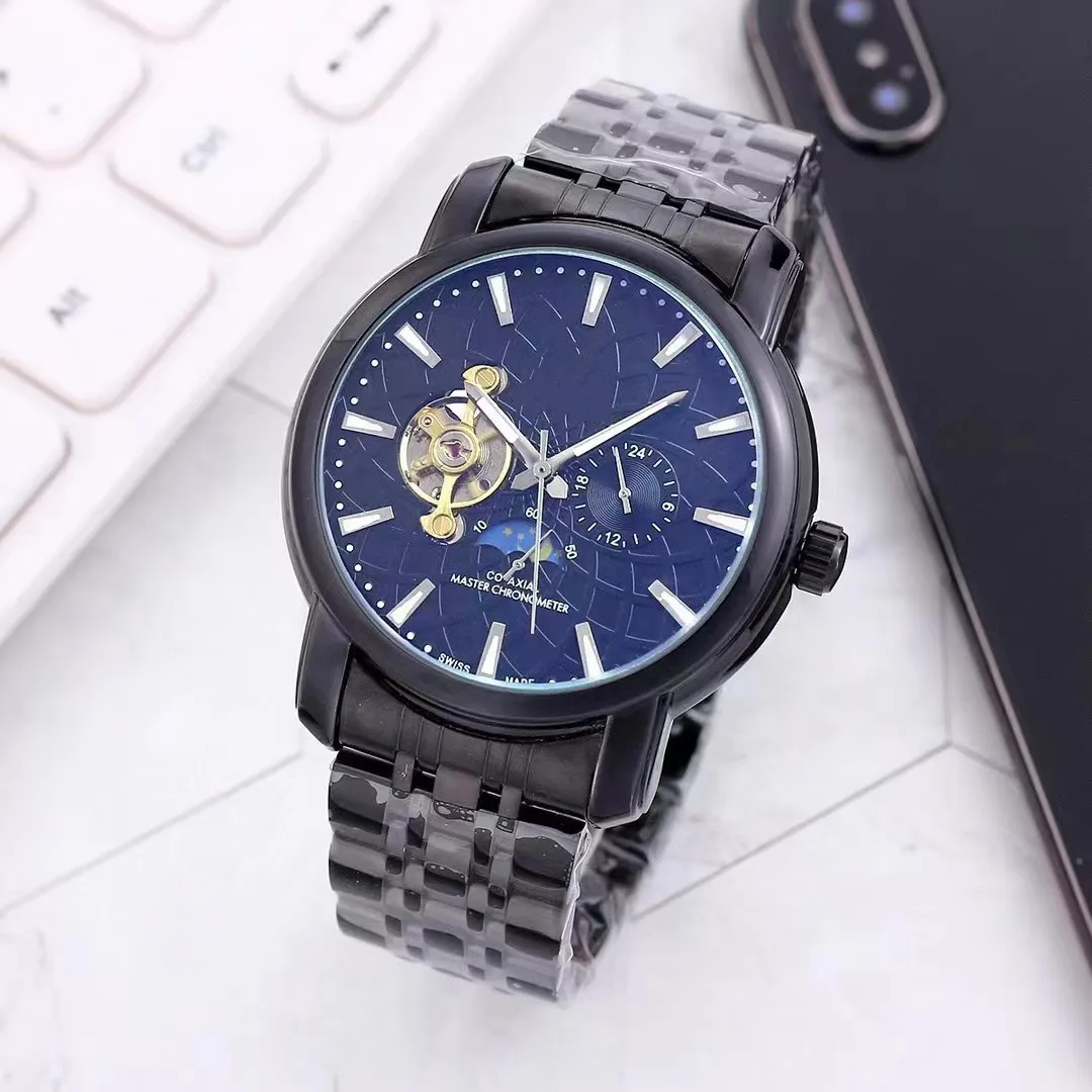 2023 Flash Fashion Flywheel for Men's Watches الساعات الميكانيكية الأوتوماتيكية للشمس والقمر والنجوم Gentleman 42 مم حزام فولاذي حزام ريبو ريلوجو ماسولينو