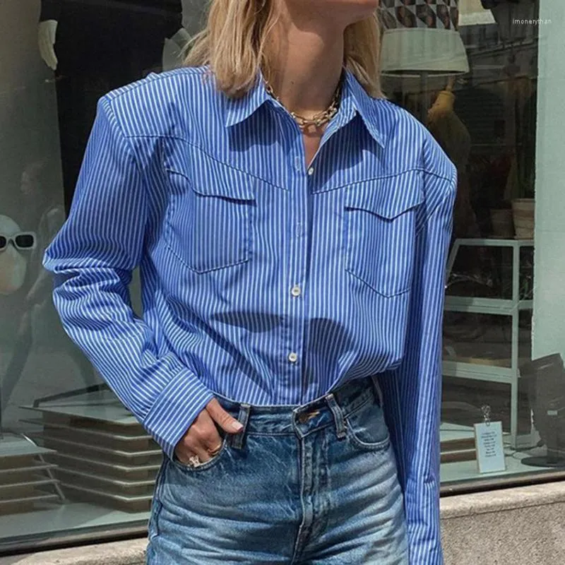 Women's Blouses Blue Striped Button Up Shirt For Women Spring 2023 Fashion Shoulder Pad Long Sleeve Cotton Loose Top Office Lady Business