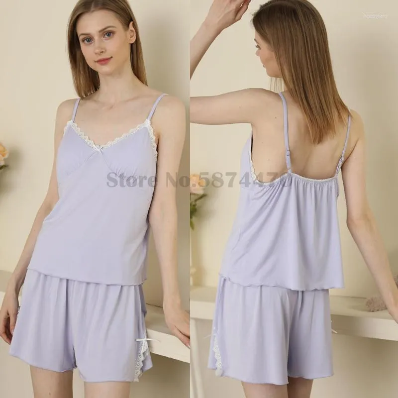 Vêtements de nuit pour femmes Pyjamas fendus en dentelle sexy avec ourlet modal Vêtements de nuit Bretelles spaghetti Shorts Costume Lingerie intime Home Wear Sweet Loungewear