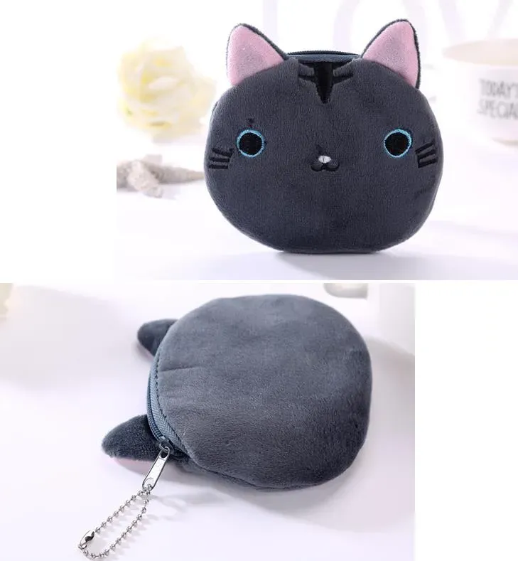 Cat Face Plush Coin Purse Expression Pouch Cute Cartoon Animal Soft Zipper Wallet Bag Pendants Charm