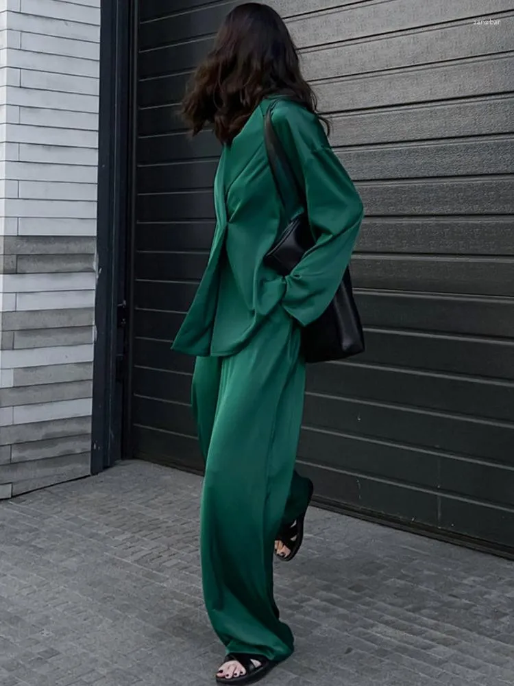 Women's Two Piece Pants Elegant Green Satin Spring Long Sleeve Blazer Shirts & Baggy Wide Leg Straight Trousers Sets Women Office OL Outfits