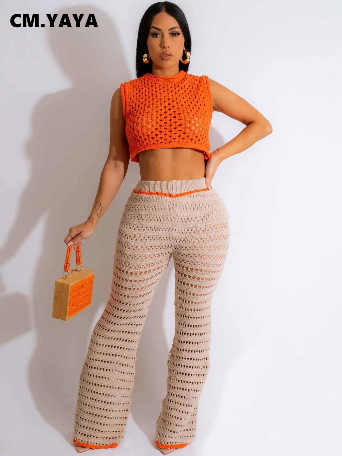 Women's Two Piece Pants CM.YAYAYA Knitted Crochet Hole Beach Women's Set Tank Top Wide Leg Pants Summer Two Piece Set 230718