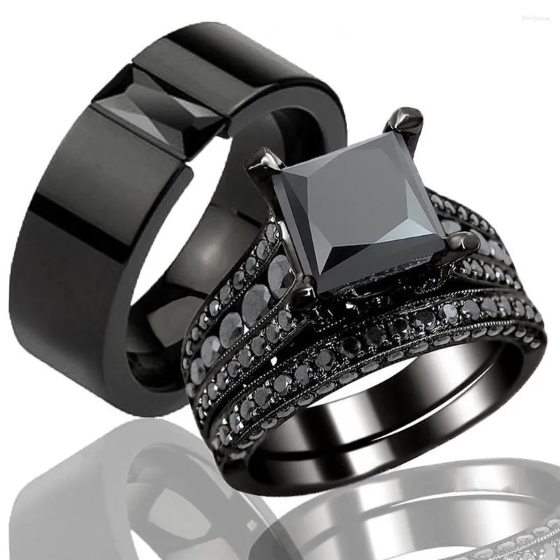 Cluster Rings Fashion Couple Jewelry Lovers Women's Black Zircon Engagement Ring Set Men's Stainless Steel Wedding Band Anniversary Gift