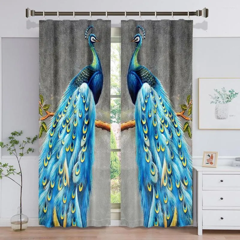 Curtain Blue And Grey Peacock Animal Elegant Curtains For Living Room 2 Pieces Kitchen Window