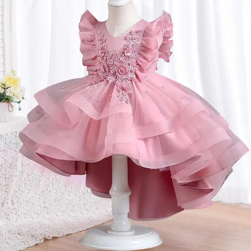 2023 neues Mädchen-Kleid für Kinder, Prinzessinnenkleid, Netzgarn, Blume, bauschiges Kleid, Rock, ärmellos, nachgestelltes Piano-Performance-Kleid