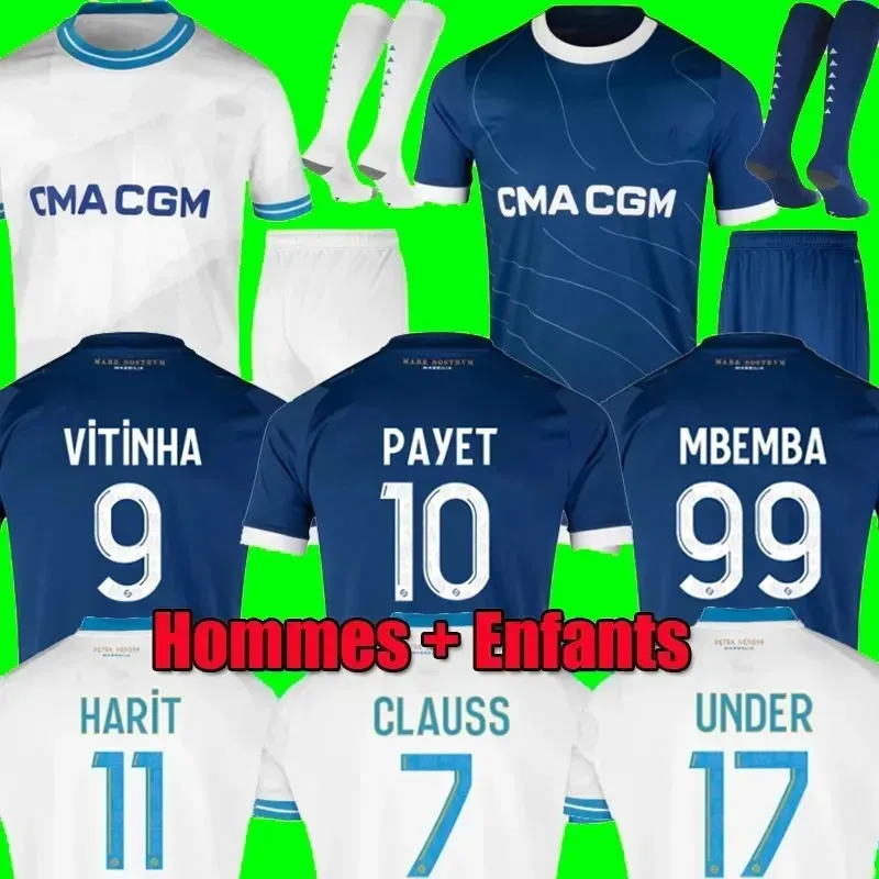 23 24 camisas de futebol marseilles 2023 2024 ALEXIS PAYET CLAUSS GERSON GUENDOUZI VERETOUT SOB HARIT KONDOGBIA MBEMBA maillot de foot camisa de futebol masculino kit infantil