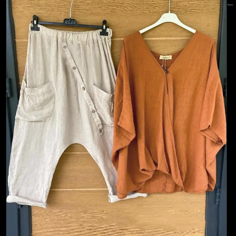 Pantalones de dos piezas para mujer, camisa holgada, traje de playa, bohemio para mujer, algodón y lino, verano, túnica de manga corta Harajuku, trajes femeninos