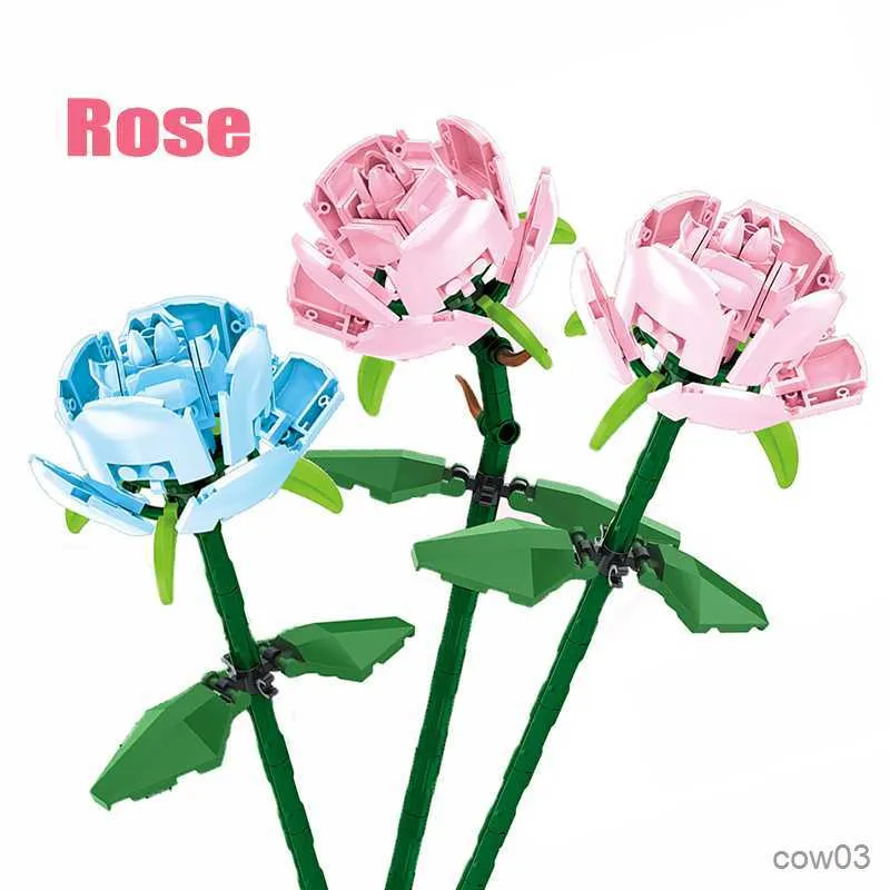 Block 1st Romantic Pink Rose Bouquet Building Blocks DIY Simulation Flower Blue Rose Model Brick Children's Toys For Girl Friend Gift R230718