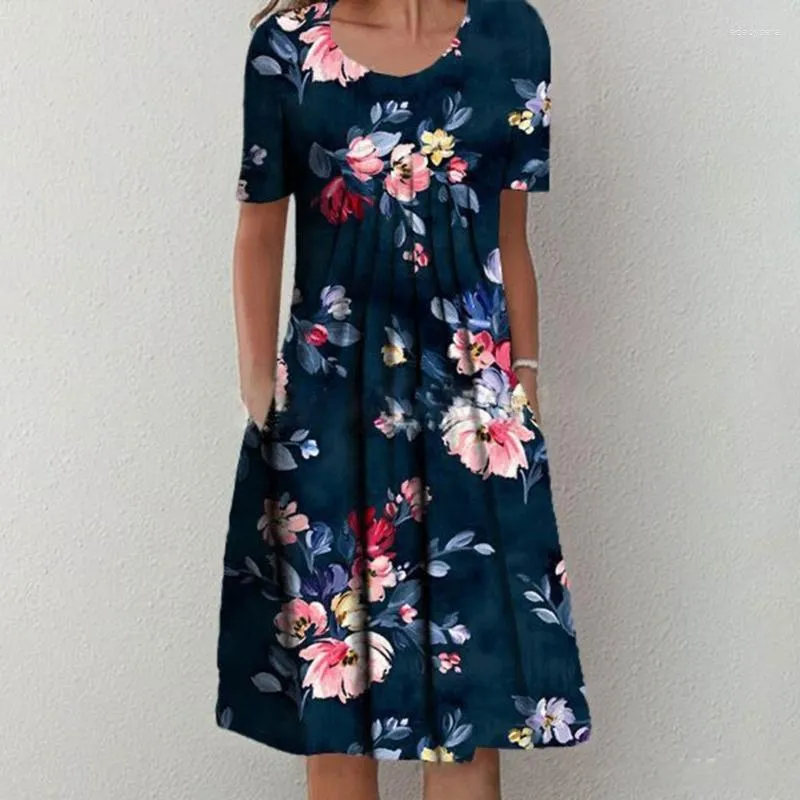 Lässige Kleider für Damen, Sommerkleid, Rundhalsausschnitt, kurze Ärmel, hohe Taille, A-Linie, Midi-Länge