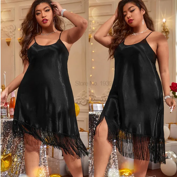 Pyjama Sexy Grande Taille 3XL 5XL Chemise De Nuit Avec Gland Noir Dame Robe De Nuit Spaghetti Strap V tements De Nuit Sexy Chemise De Nuit Satin