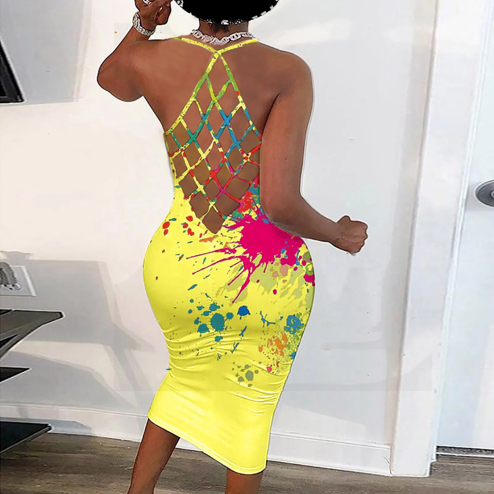 Womens Knee-Length Halter Dress with Flare 1/2 Sleeves in Polyester Fishnet  Print from Dhgate Basic & Casual Dresses - price 29.53