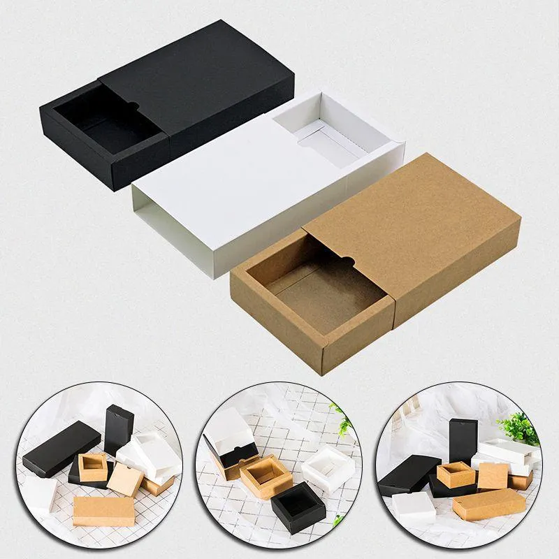 1Pcs Black Kraft Gift Packaging Cardboard Box Black Packing Box White Paper Drawer Wedding Favor Delicate Jwmhw