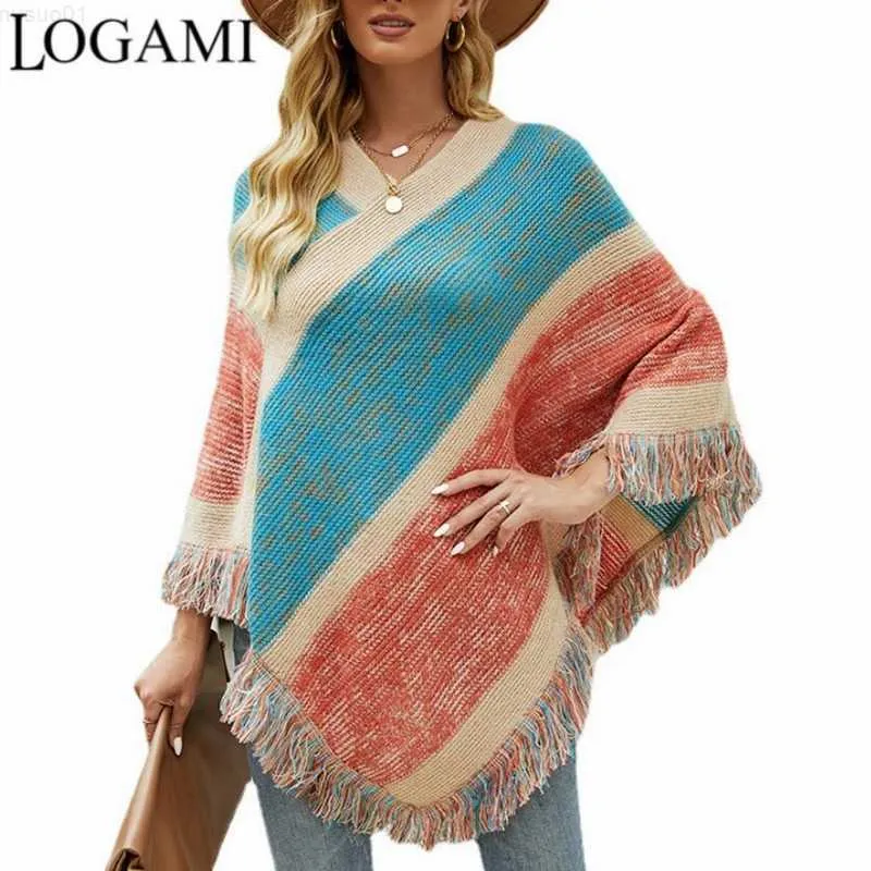 Blusas Femininas LOGAMI Bloco Colorido Casacos e Capas Femininas Poncho Poncho Borla com Borla L230718