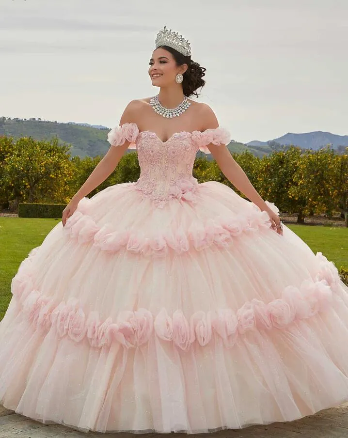 Blush Pink Princess Off ramię Quinceanera sukienki Gillter Tiulle spódnica 3D kwiatowy koronkowy gorset furset vestidos de 15 anos