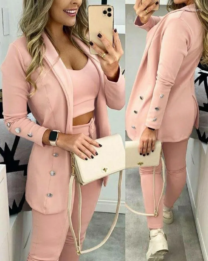 Women's Two Piece Pants Spring 2023 Two-Piece Set Shawl Neck Buttoned Blazer Coat & With Crop Top