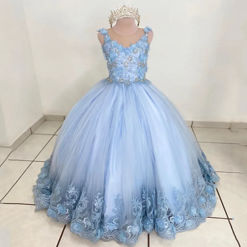 스카이 블루 O- 넥 꽃 여자 결혼식을위한 드레스 2024 아플리케 레이스 크리스탈 볼 가운 어린이 드레스 첫 친교 사진 촬영