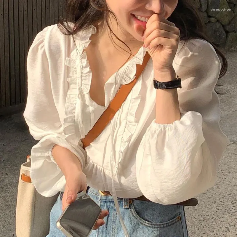Women's Blouses Korean Long Puff Sleeve Women Clothing Spring Cotton V-neck Shirt Sweet Soft Tops Casual Lace-up Girls White Blouse Blusas
