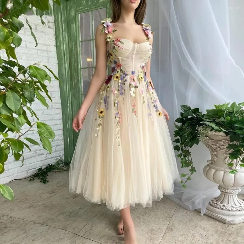 Party Dresses Champagne Floral Tulle Midi Prom Sweetheart Flower Appliques A-Line Wedding Gowns -Length Homecoming Maxi