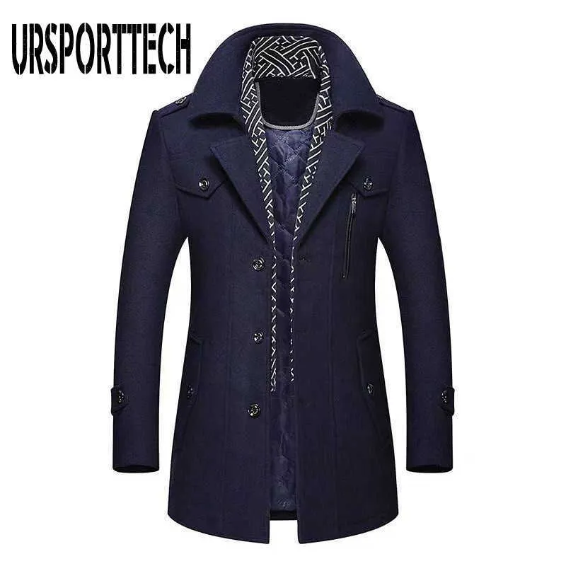 Casaco de lã masculino de inverno de misturas de lã masculina nova moda meio longo gola cachecol algodão acolchoado grosso casacos de lã quentes trench coat sobretudo HKD230718