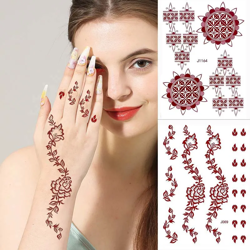 Pegatinas de tatuaje de Henna marrón, tatuajes temporales impermeables, tatuaje falso para mujer, arte corporal, diseño de Hena, pegatinas de Mehndi para mano