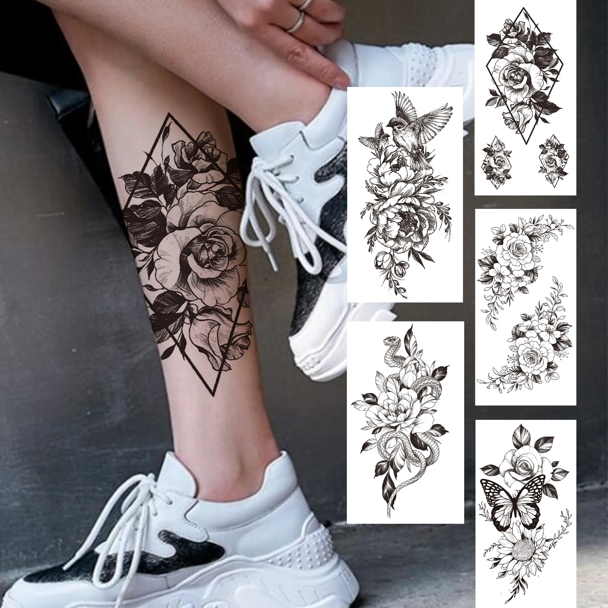 Geometry Rose Flower Temporary Tattoos For Women Girls Black Butterfly Bird Tattoo Sticker Fake Peony Geometric Body Art Tattos