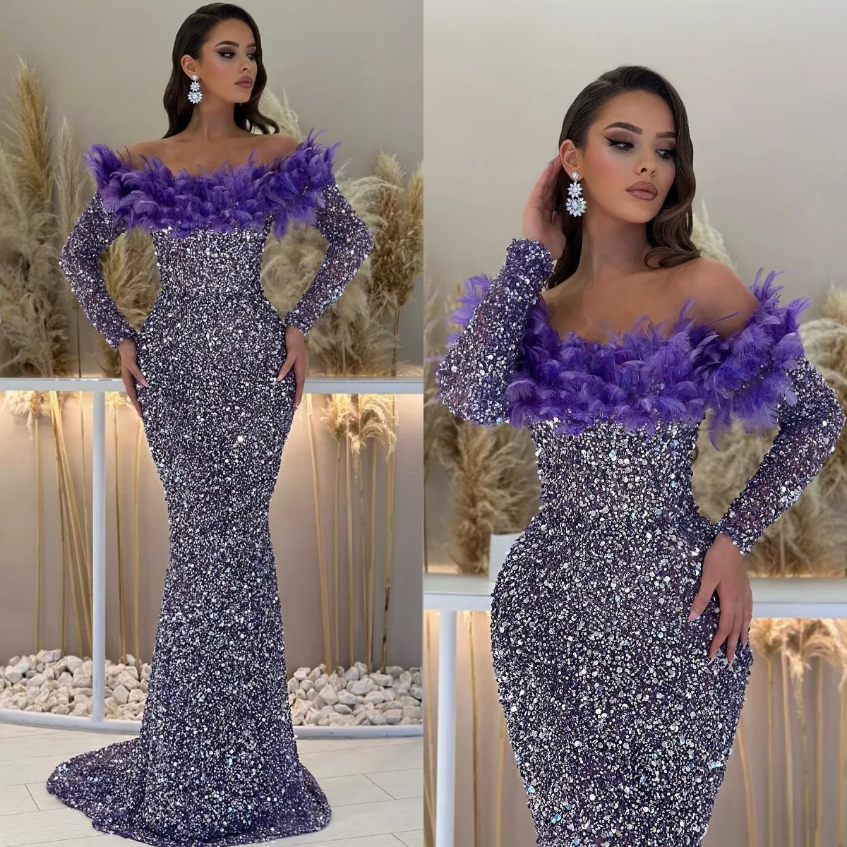 Robe de soirée sirène violette plumes hors épaule paillettes robes de bal de soirée manches longues train de balayage robe longue formelle pour une occasion spéciale de tapis rouge